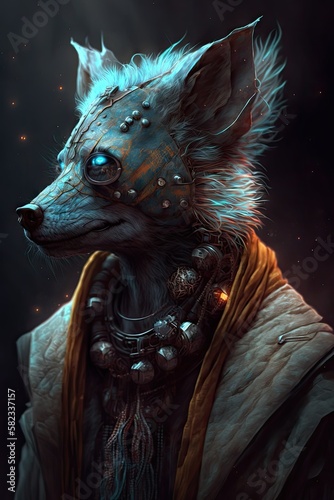High-Tech and Sci-Fi Ready: A Stunning Cool Designer Illustration of an Ethereal Hyena Animal with a Beautiful, Artistic, Futuristic, Otherworldly Look (Generative AI)
