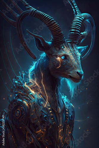 Futuristic Ibex Beautiful Artistic Designer Illustration of Ethereal Animal Character with a Cool, Otherworldly Look, Ideal for High-Tech and Sci-Fi Designs (Generative AI) © Christine