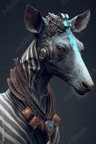 High-Tech and Sci-Fi Ready: A Stunning Cool Designer Illustration of an Ethereal Okapi Animal with a Beautiful, Artistic, Futuristic, Otherworldly Look (Generative AI)