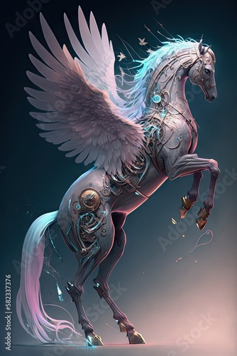 Step into the Future with a Beautiful Ethereal Pegasus Animal: A Beautifully Designed Artistic Illustration Perfect for High-Tech and Sci-Fi-Themed Projects (Generative AI)