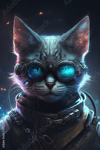 Futuristic American Shorthair cat Beautiful Artistic Designer Illustration of Ethereal Feline Character with a Cool, Otherworldly Look, Ideal for High-Tech and Sci-Fi Designs (Generative AI © Christine