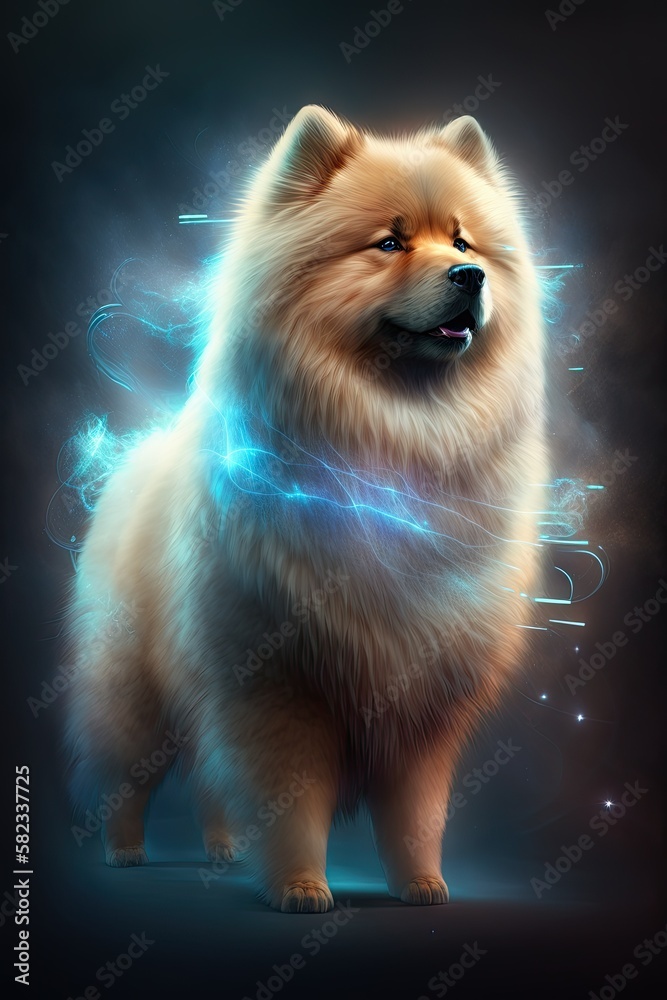 Obraz premium Step into the Future with a Beautiful Ethereal Chow Chow dog Canine: A Beautifully Designed Artistic Illustration Perfect for High-Tech and Sci-Fi-Themed Projects (Generative AI