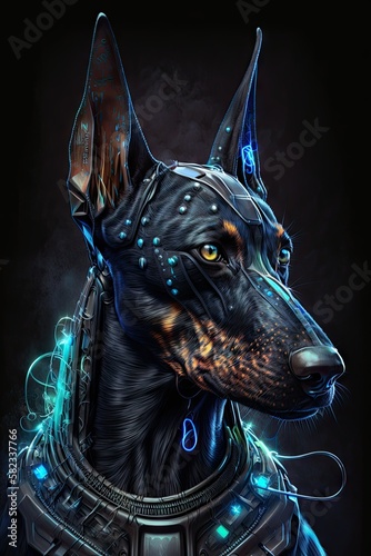 Futuristic Doberman Pinscher dog Beautiful Artistic Designer Illustration of Ethereal Canine Character with a Cool, Otherworldly Look, Ideal for High-Tech and Sci-Fi Designs (Generative AI © Christine