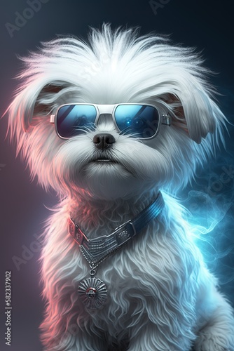 Meet Beautiful Futuristic Designer Art of Maltese dog Canine: A Striking, Cool, Otherworldly, Artistic Illustration Ideal for High-Tech and Sci-Fi Design Projects (Generative AI © Christine