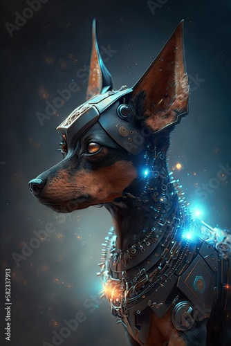 Step into the Future with a Beautiful Ethereal Miniature Pinscher dog Canine: A Beautifully Designed Artistic Illustration Perfect for High-Tech and Sci-Fi-Themed Projects (Generative AI © Christine