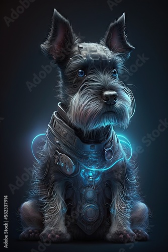 High-Tech and Sci-Fi Ready: A Stunning Cool Designer Illustration of an Ethereal Miniature Schnauzer dog Canine with a Beautiful, Artistic, Futuristic, Otherworldly Look (Generative AI