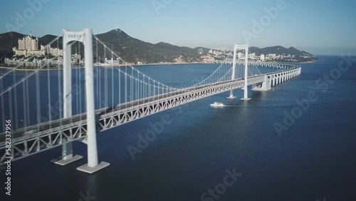Xinghai Bay Bridge, Dalian, Liaoning, China. three-span earth anchor suspension bridge, 820m totally long with 460m main span. Dalian Xinghai Bay (aerial photography) photo