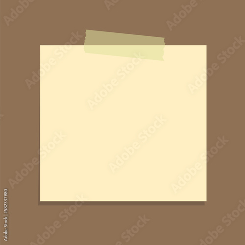 Yellow sticky note vector illustration. Taped square office memo paper template mockup.
