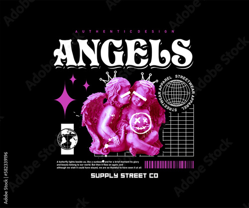 Foto angels slogan with baby angels statue graphic vector illustration on black backg