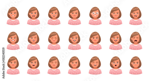 Facial expression of a beautiful girl in a pink blouse. Set of different emotions of a cute white child. Smile, happiness, anger, joy, surprise, fear, etc.