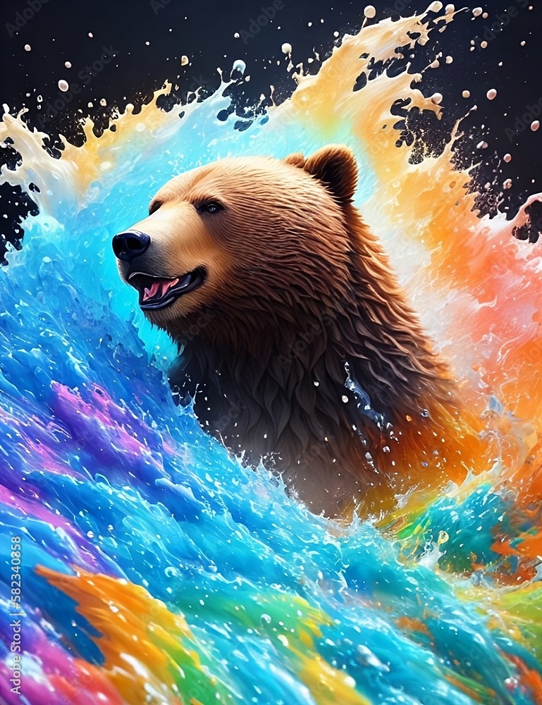 illustration of a bear with colors on black background, splash art, colorful, generative AI