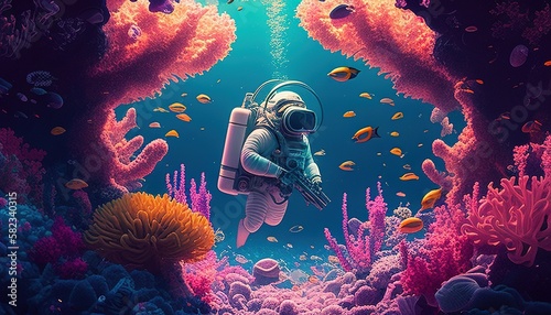Fototapeta Naklejka Na Ścianę i Meble -  astronaut coral reef exploration digital art illustration, Generative AI