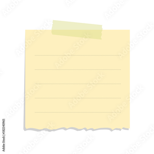 Torn yellow sticky note vector illustration. Taped square office memo paper template.