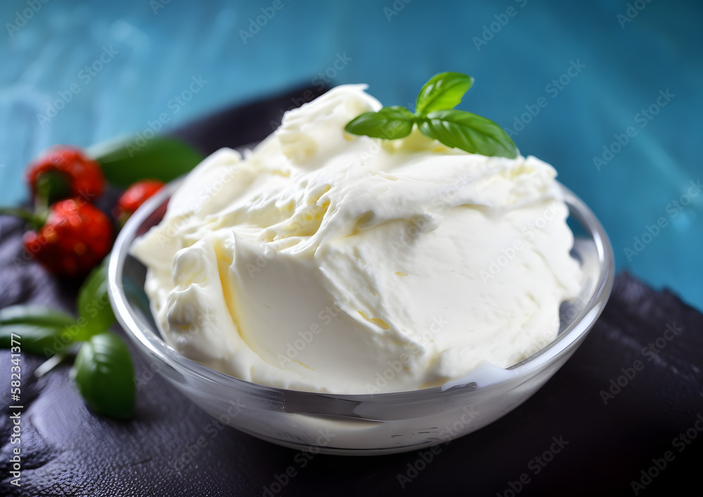 Sour cream with berries and bread on a blue napkin, whipped cream, whipped cream on top, yogurt, Generative Ai Sour cream with berries and bread on a blue napkin, whipped cream, whipped cream on top, yogurt, Generative Ai