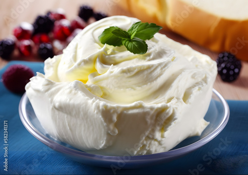 Sour cream with berries and bread on a blue napkin, whipped cream, whipped cream on top, yogurt, Generative Ai