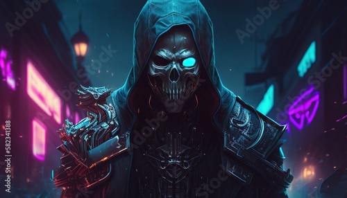 cyberpunk skull assassin digital art illustration, Generative AI