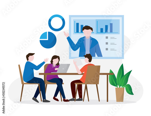 People business meeting with online video, learning or meeting online with teleconference, cartoon