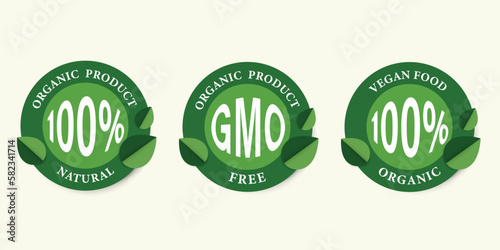 100% natural, 100% organic, GMO free, Logo mark for healthy food, vegetarian nutrition. Green banner. Green label.