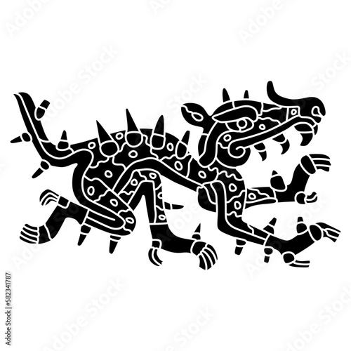 Cipactli. Fantastic monster animal from Aztec mythology. Native American design from Mexican codex. Black and white silhouette. photo