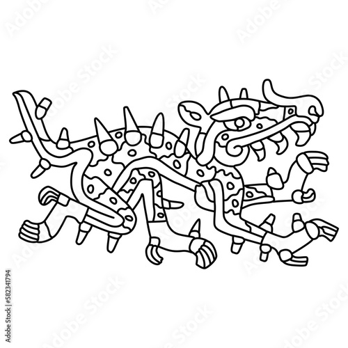Cipactli. Fantastic monster animal from Aztec mythology. Native American design from Mexican codex. Black and white linear silhouette.