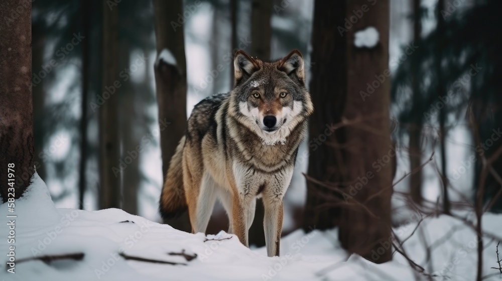 Obraz premium Wolf in the Winter Forest. Generative AI.