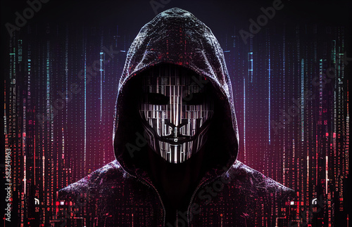 Portrait of anonymous hacker. Concept of hacking cybersecurity, cybercrime, cyberattack, etc. photo