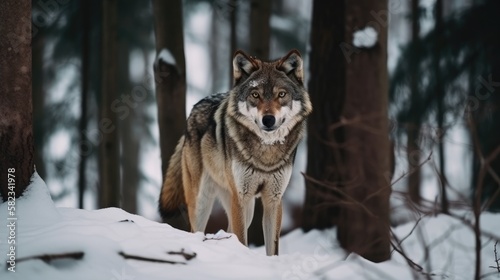 Wolf in the Winter Forest. Generative AI.