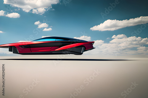 futuristic red flying car, floating in the air, in the middle of the desert, seen from the side, sci-fi, sporty, background with blue sky and clouds. Generative Ai