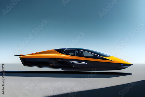 futuristic yellow flying car, floating in the air, in the middle of the desert, seen from the side, sci-fi, sporty. Generative Ai