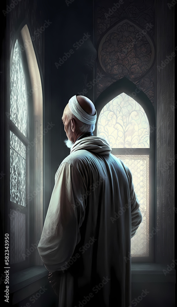 moslem old man at mosque. Generative AI