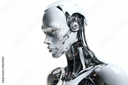 Futuristic AI Android robot. Cyborg Man banner copy space. Chat GPT chatbot. Generative AI.