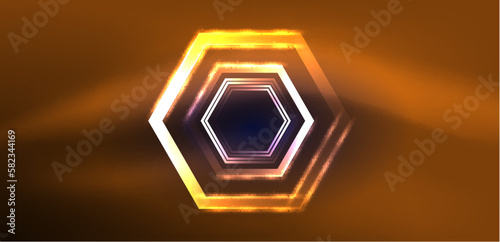 Hexagon abstract background. Techno glowing neon hexagon shapes vector illustration for wallpaper, banner, background, landing page, wall art, invitation, prints, posters