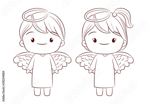 Cute angel boy and girl standing together doodle style on white background vector.