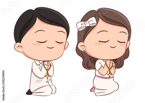 First communion concept with cute boy and girl praying and kneeling together hand drawn sketch style on white background vector.