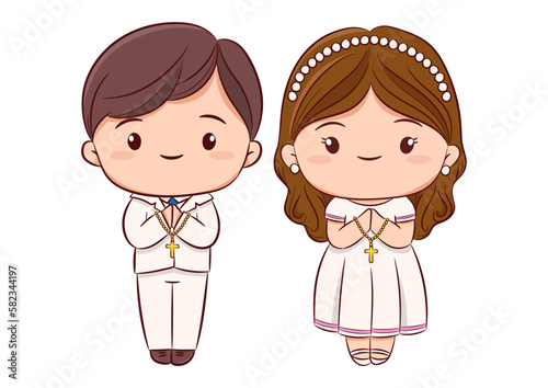 First communion concept with cute boy and girl praying and standing together hand drawn sketch style on white background vector.