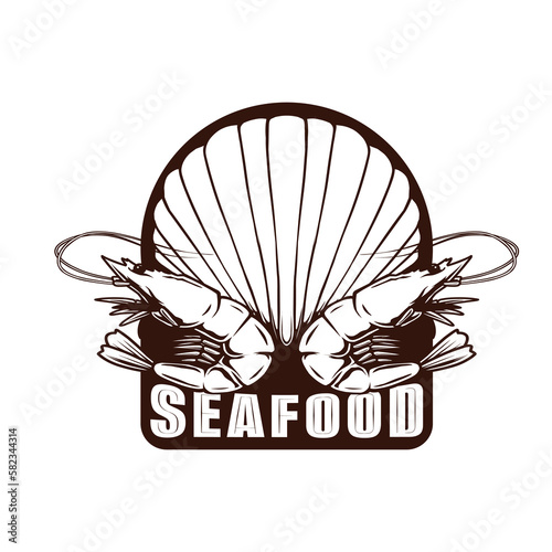 seafood logo design with shell and shrimp drawing