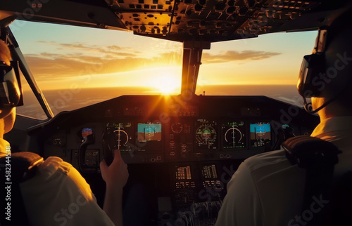 Cockpit view of modern airplane in flight during the sunset. Aircraft pilot at work. Generative AI.
