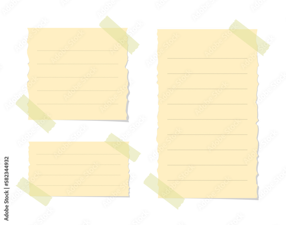 Torn yellow sticky note vector illustration set. Taped office memo paper mockup template. - obrazy, fototapety, plakaty 