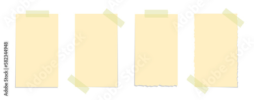 Torn yellow sticky note vector illustration set. Taped office memo paper mockup template.