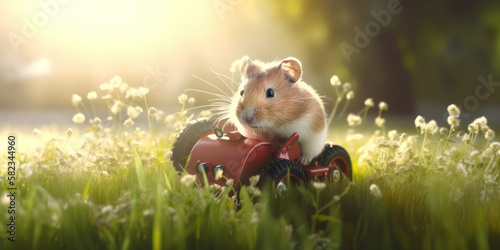 Fluffy hamster on a toy tractor works in the field. AI generation