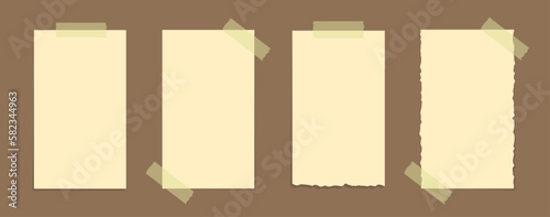 Torn yellow sticky note vector illustration set. Taped office memo paper mockup template.