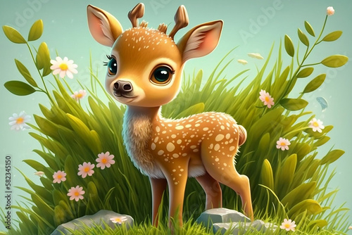 Cute Cartoon Baby Deer In A Spring Meadow, Spring Season, Generative Ai © Ash