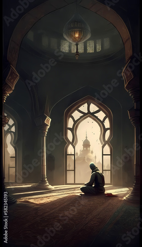 moslem man praying at mosque. Generative AI