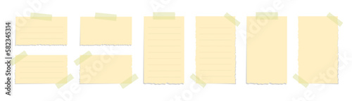 Torn yellow sticky note vector illustration set. Taped office memo paper mockup template. photo