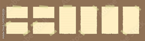 Torn yellow sticky note vector illustration set. Taped office memo paper mockup template.