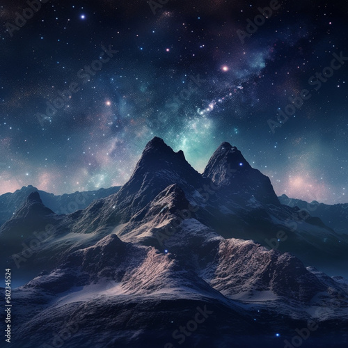 beautiful mythical mountain background stars and planets in the sky 