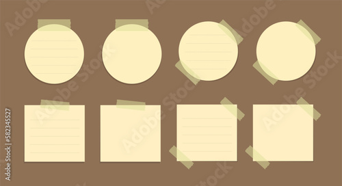 Yellow sticky note illustration set. Taped office memo paper template mockup.