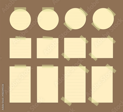 Yellow sticky note illustration set. Taped office memo paper template mockup.