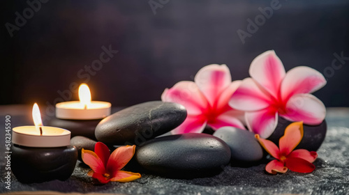 Spa scene with Massage Stones  Hibiscus Flowers  and Candles. Tranquil Well-being Concept  generative AI