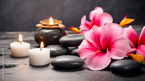 Spa scene with Massage Stones, Hibiscus Flowers, and Candles. Tranquil Well-being Concept, generative AI (ID: 582345593)